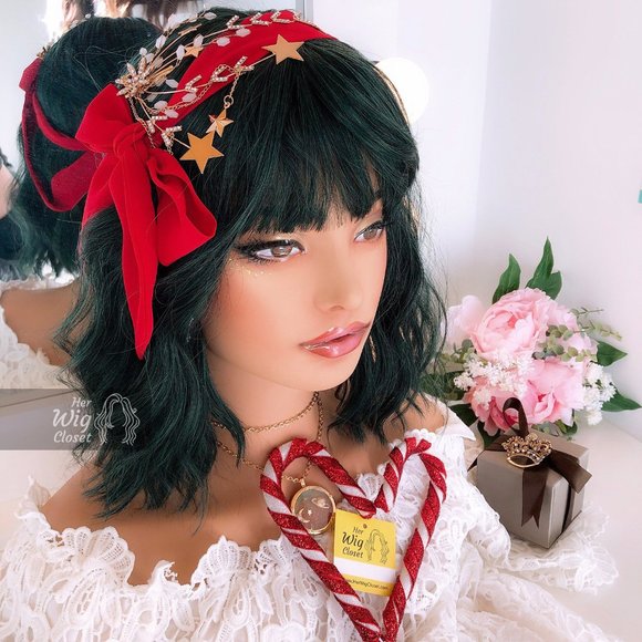 12" Pastel Dark Green Wavy Wig with Bangs |Polaris - Picture 8 of 9